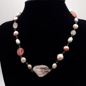 Handmade Freshwater pearl, and crystal, and silver bead necklace.